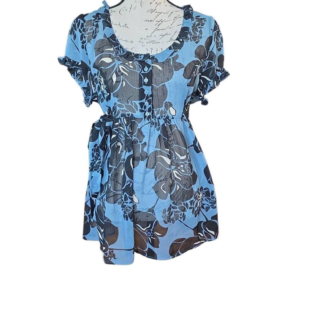 Duo Maternity Women's Size Large Blue Floral Print Sheer Wrap Tie Blouse